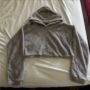 Cozy Gray Fuzzy Cropped Hoodie